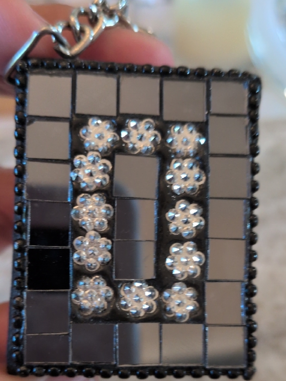 Embellished Mirror Tile Square Keychain - Silver and Black - Picture 4 of 7